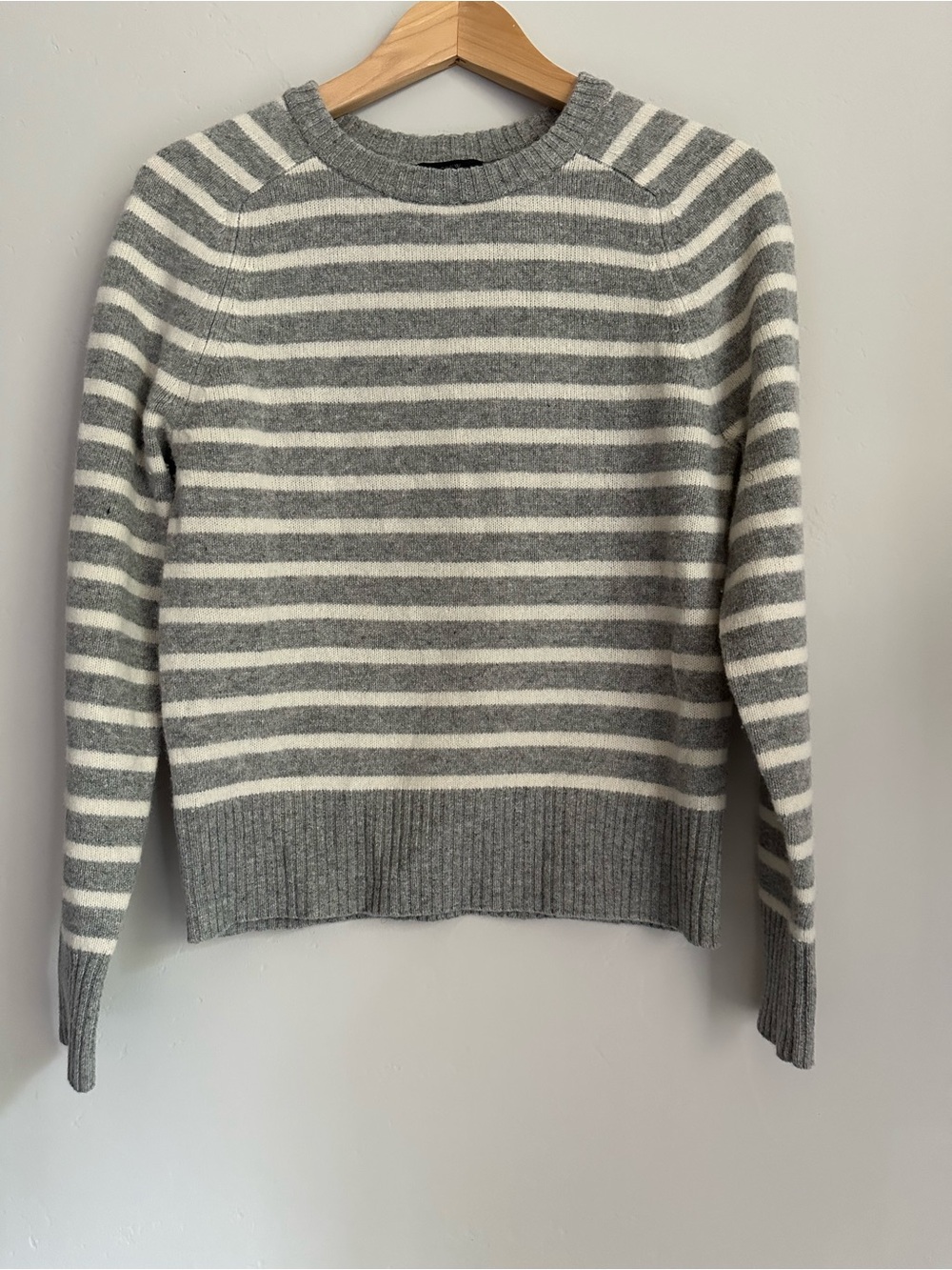 J. Crew Gray and White Striped Crewneck Sweater